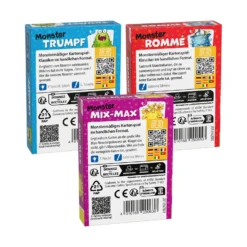 3er Set Kartenspiele, ab 5 Jahre – Monster Trumpf, Rommé, Mix-Max