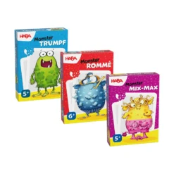 3er Set Kartenspiele, ab 5 Jahre – Monster Trumpf, Rommé, Mix-Max