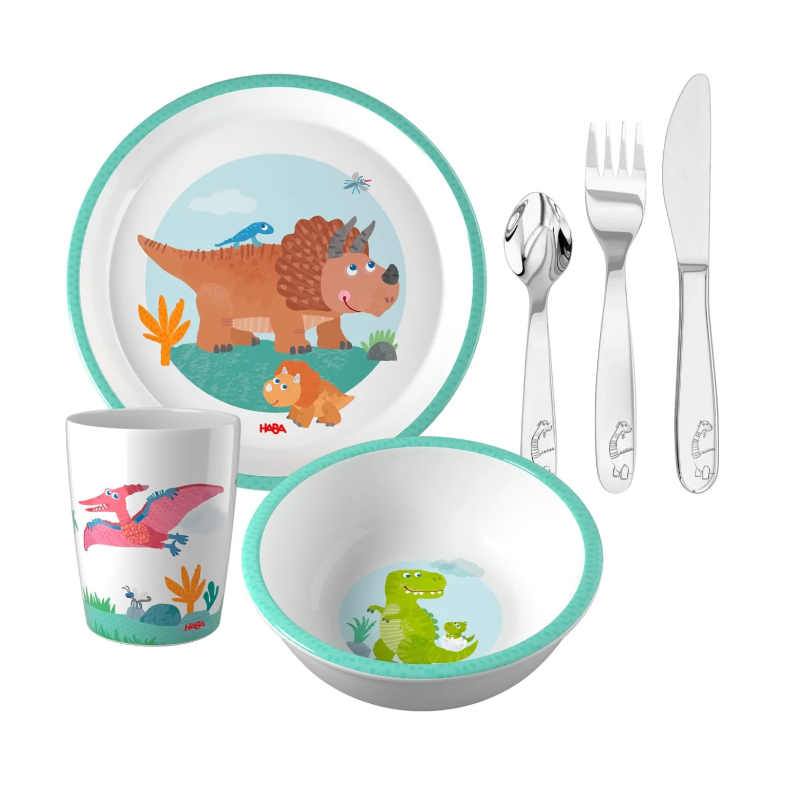 Kindergeschirr-Set Dino, Kindergeschirr mit Besteck, 6-teilig
