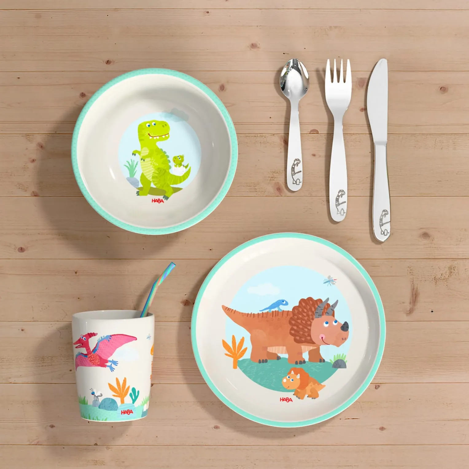 Kindergeschirr-Set Dino, Kindergeschirr mit Besteck, 6-teilig