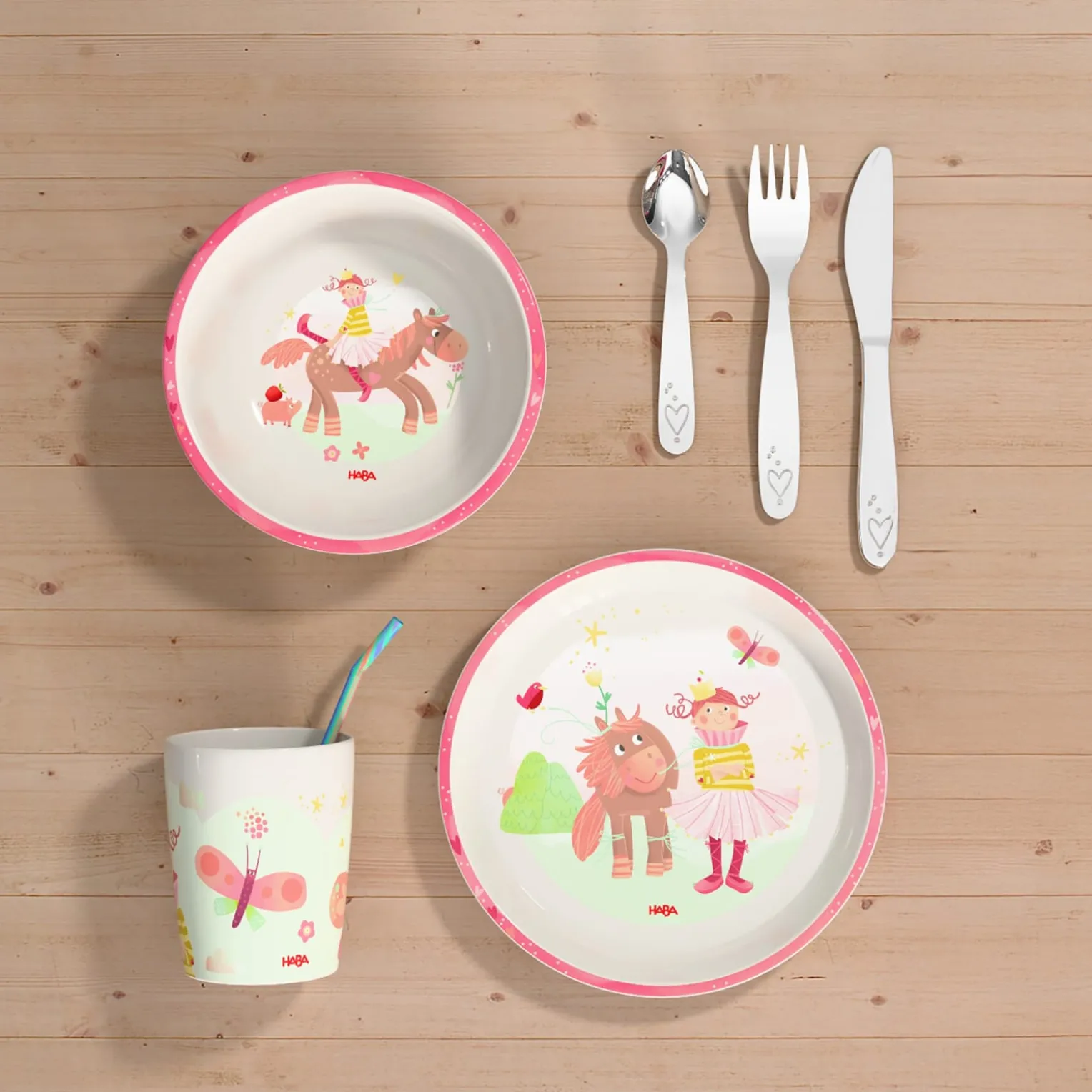Kindergeschirr-Set Prinzessin, Kindergeschirr mit Besteck, 6-teilig