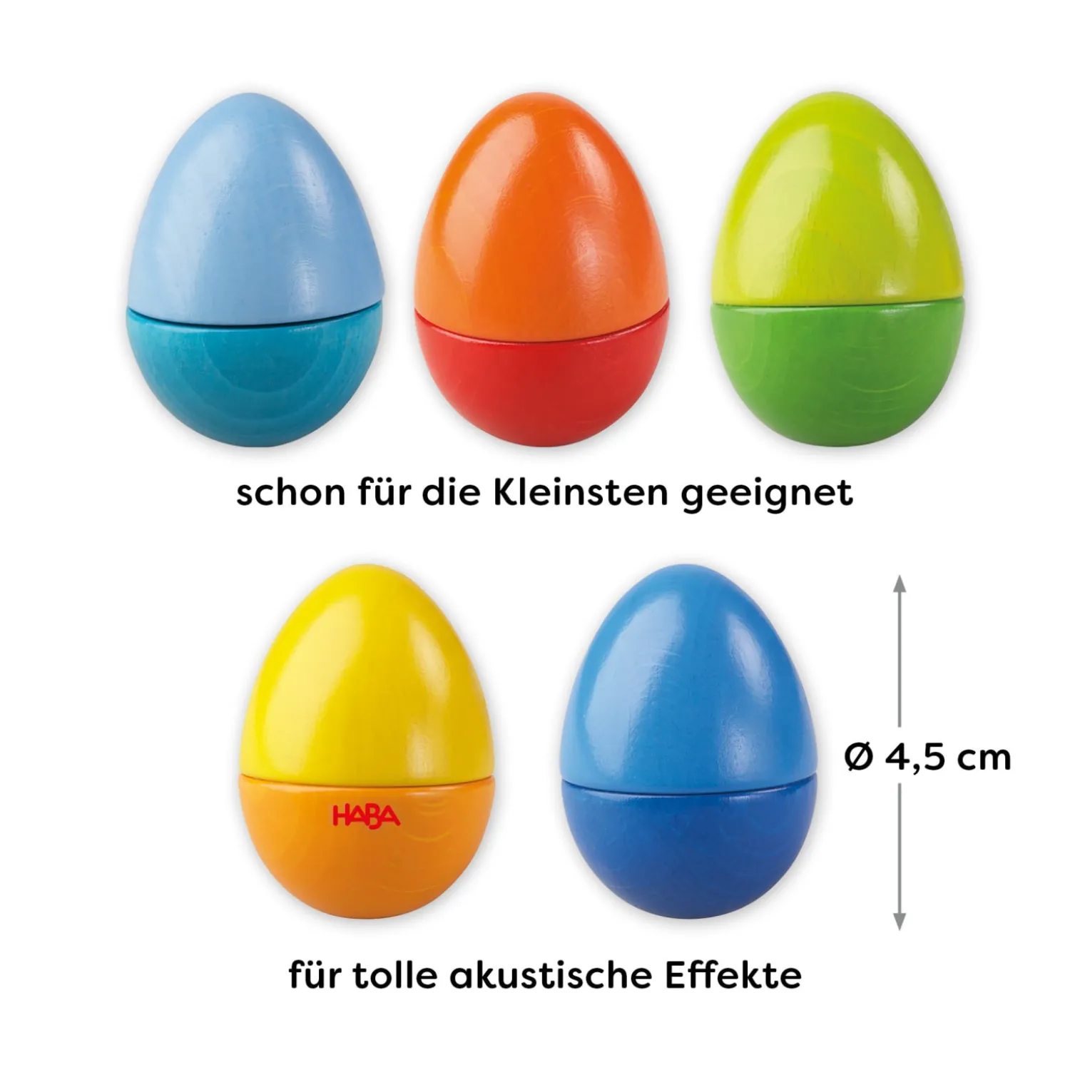 Musikeier, bunte Rasseleier aus Holz, 5 Stück, ab 2 Jahren