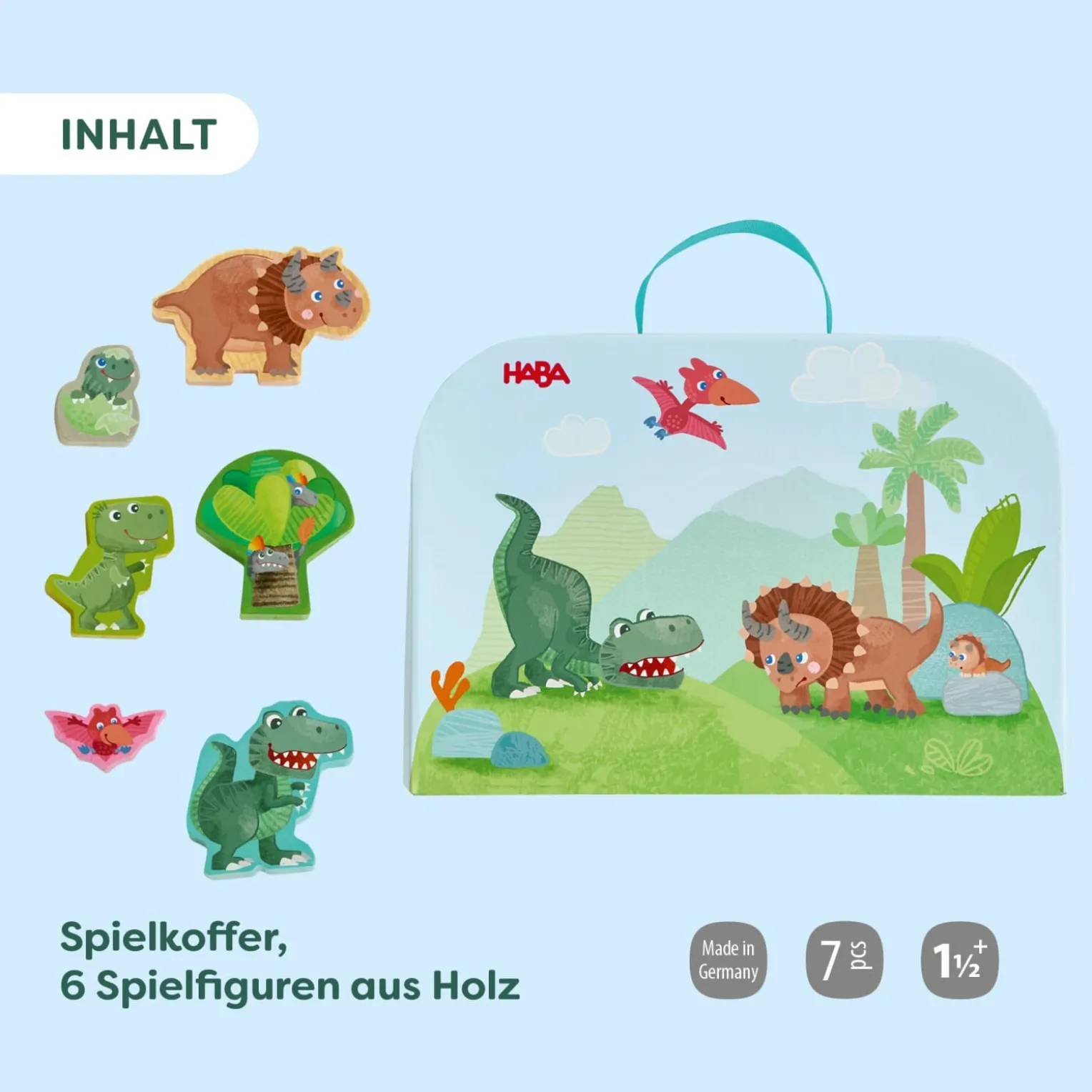 Spielkoffer, Dinosaurier, mit 6 Holzfiguren, ab 18 Monaten