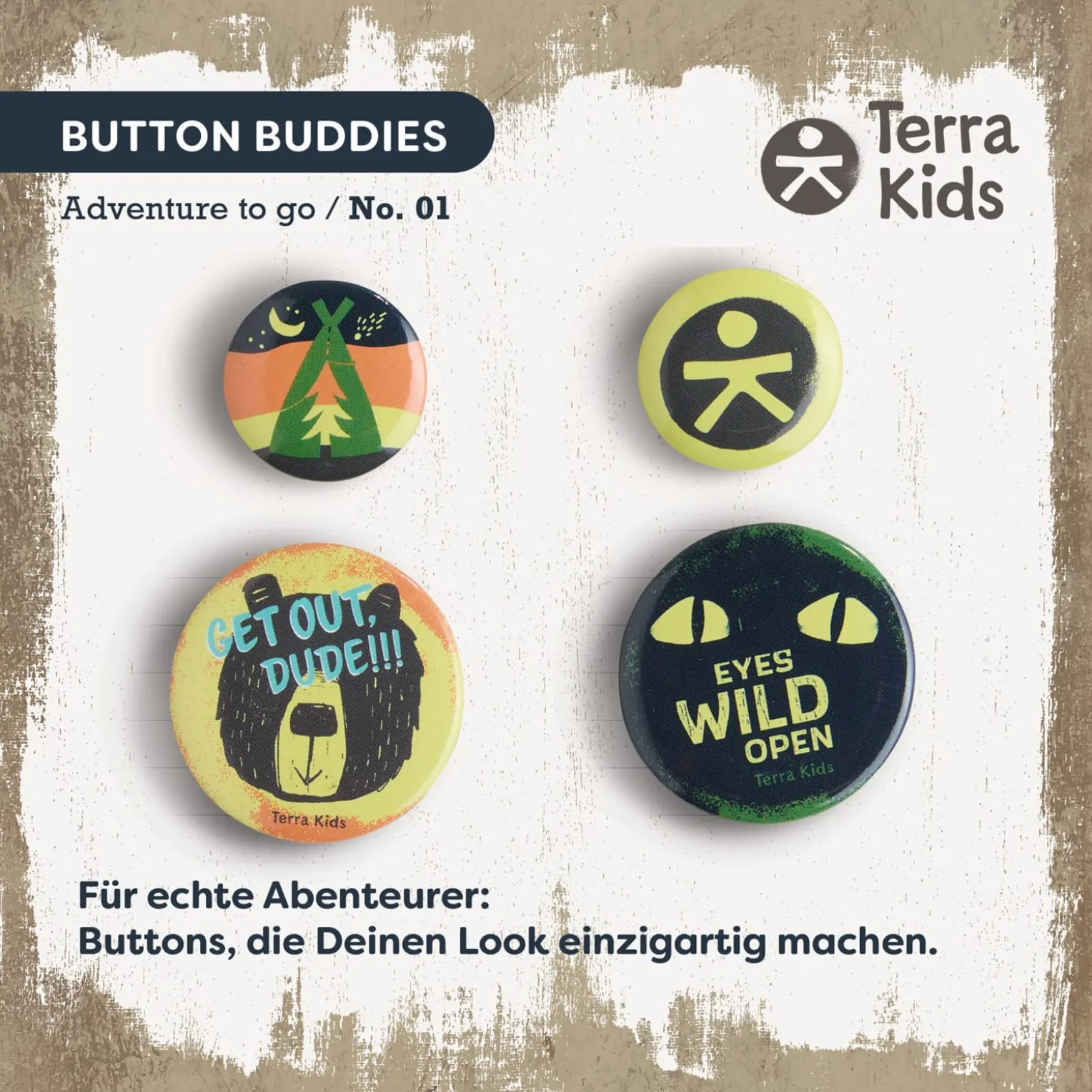 Terra Kids Ansteckbuttons für Kinder mit Abenteuermotiven, 4-er Set